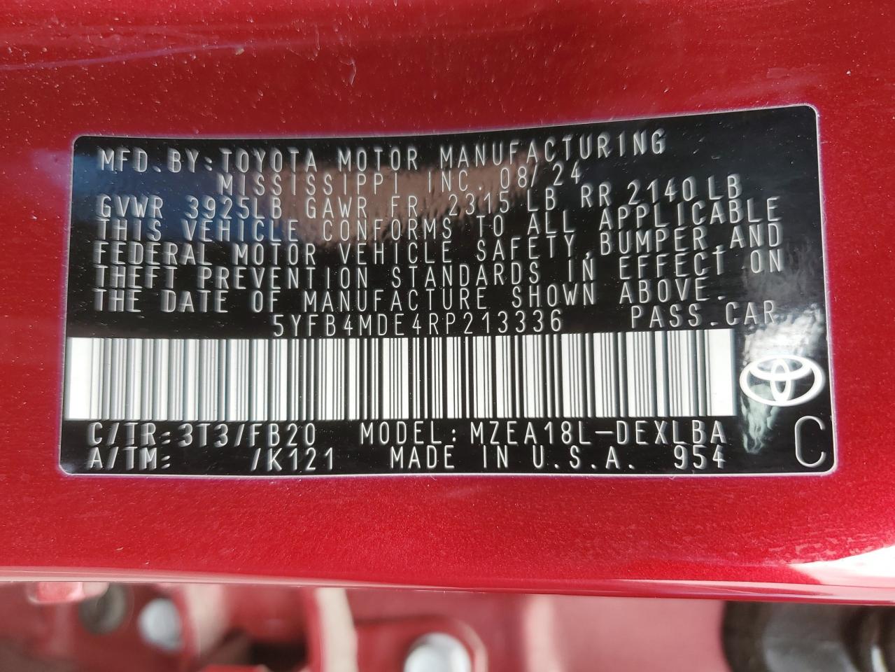 2024 TOYOTA COROLLA LE VIN:5YFB4MDE4RP213336