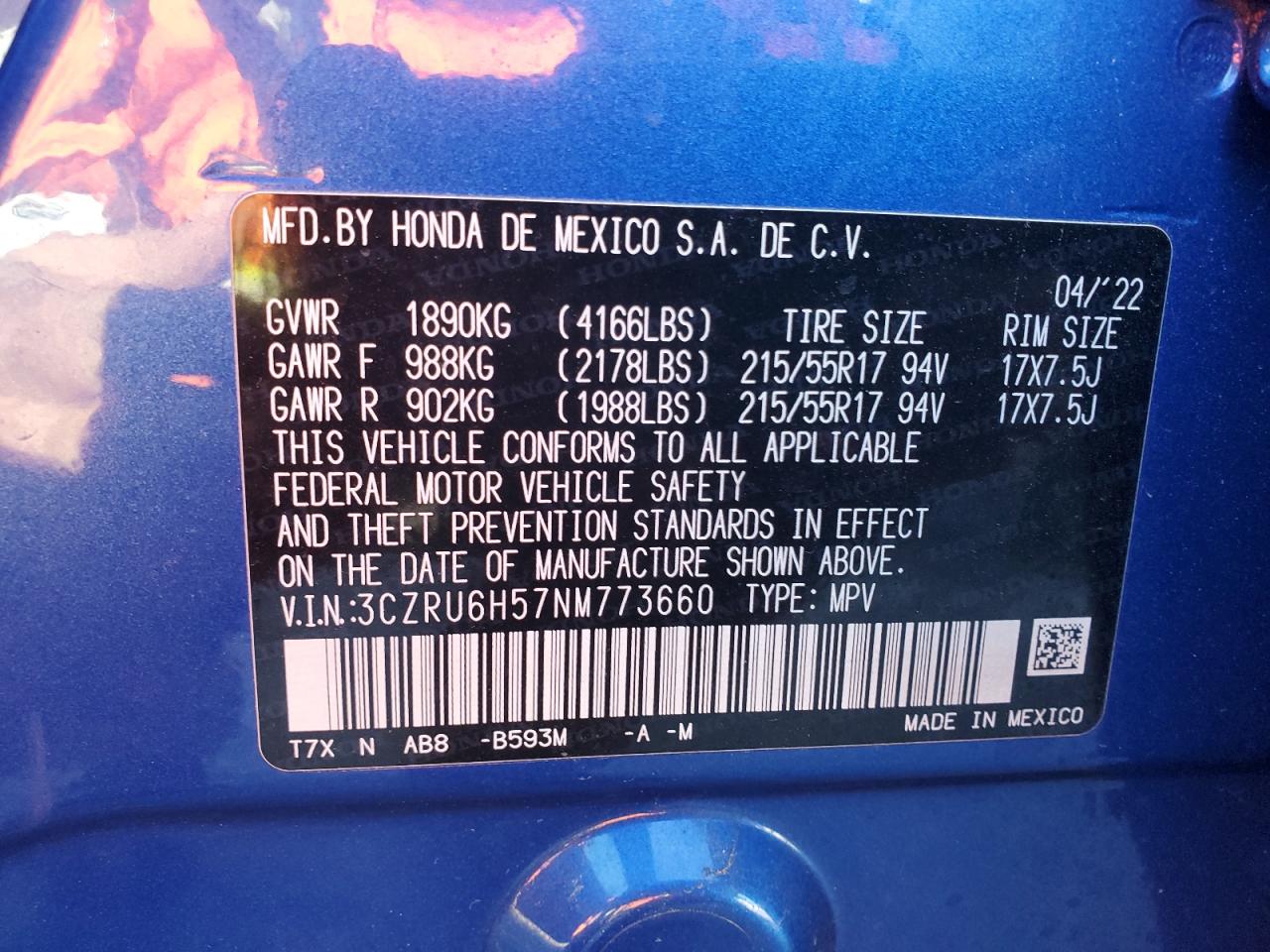2022 HONDA HR-V EX VIN:3CZRU6H57NM773660