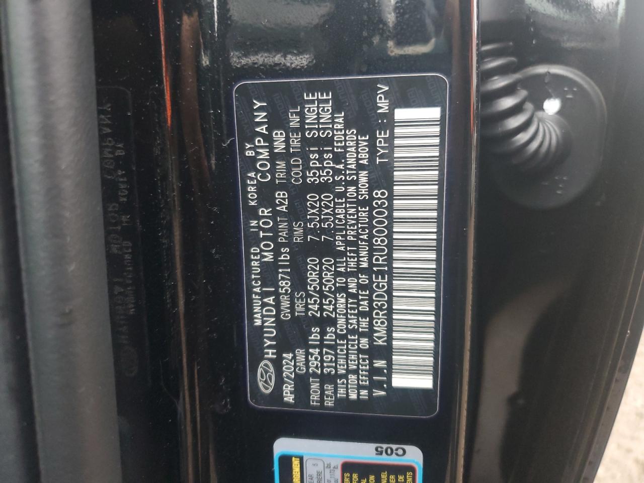 2024 HYUNDAI PALISADE XRT VIN:KM8R3DGE1RU800038