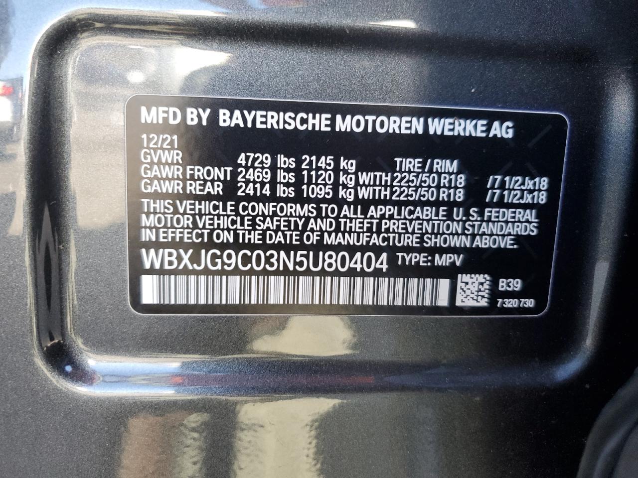 2022 BMW X1 XDRIVE28I VIN:WBXJG9C03N5U80404