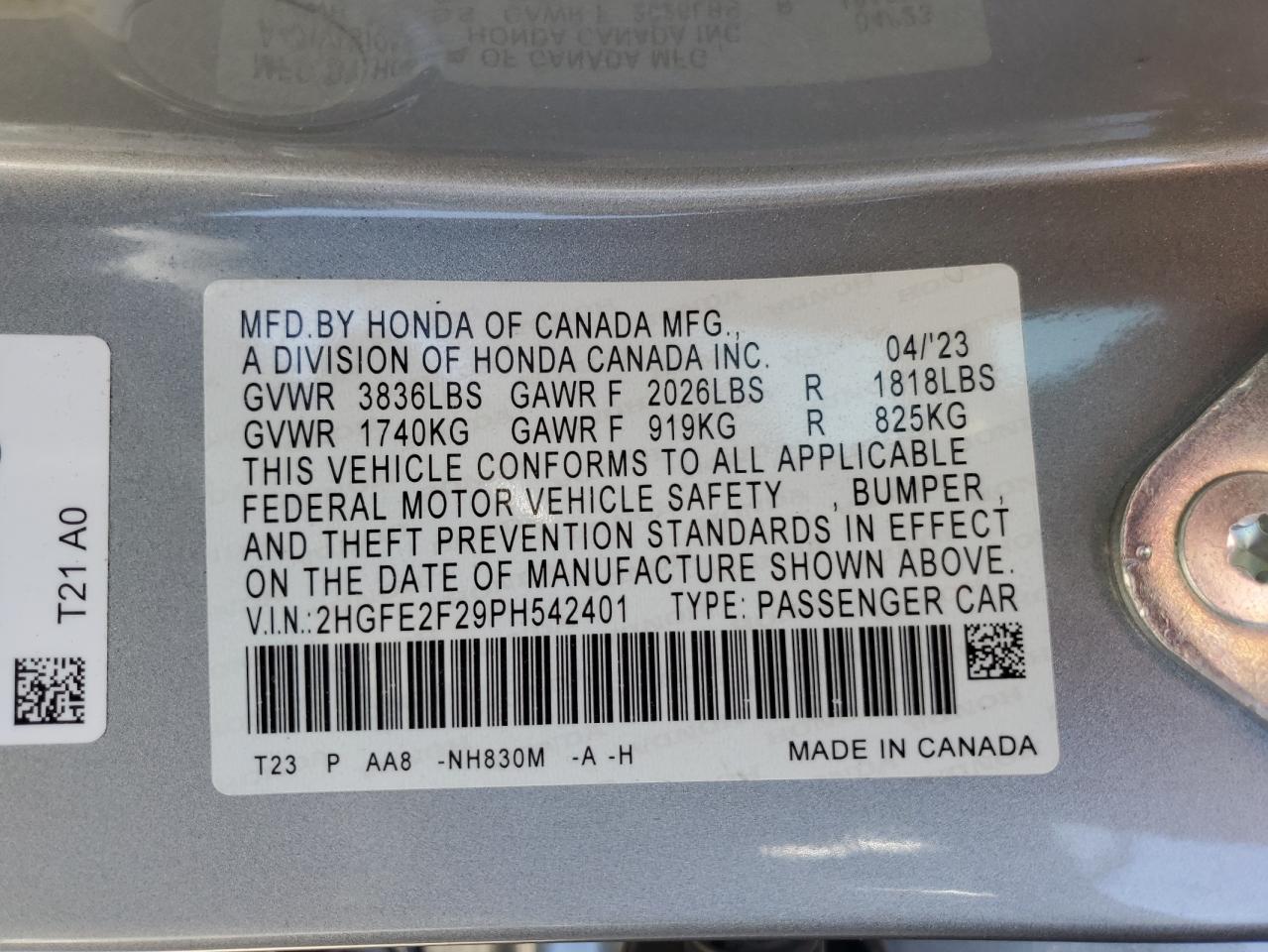 2023 HONDA CIVIC LX VIN:2HGFE2F29PH542401