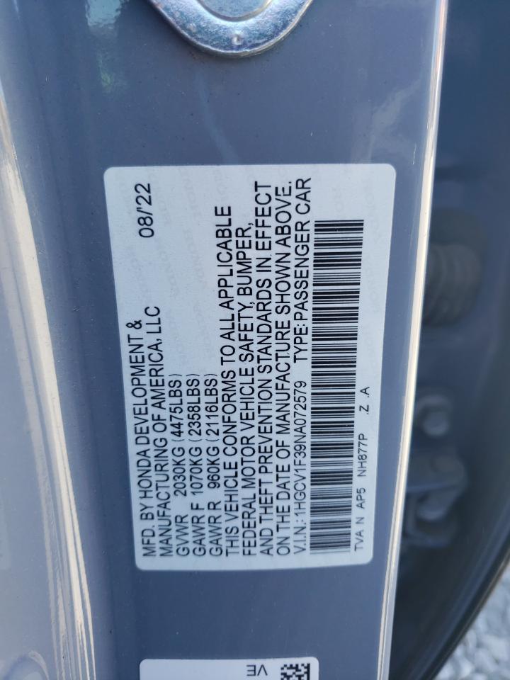 2022 HONDA ACCORD SPORT VIN:1HGCV1F39NA072579