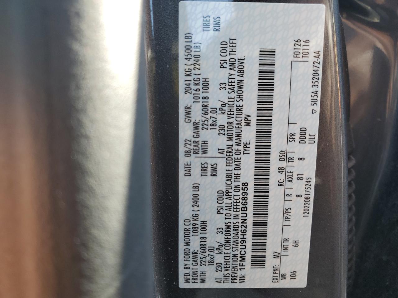 2022 FORD ESCAPE SEL VIN:1FMCU9H62NUB68958