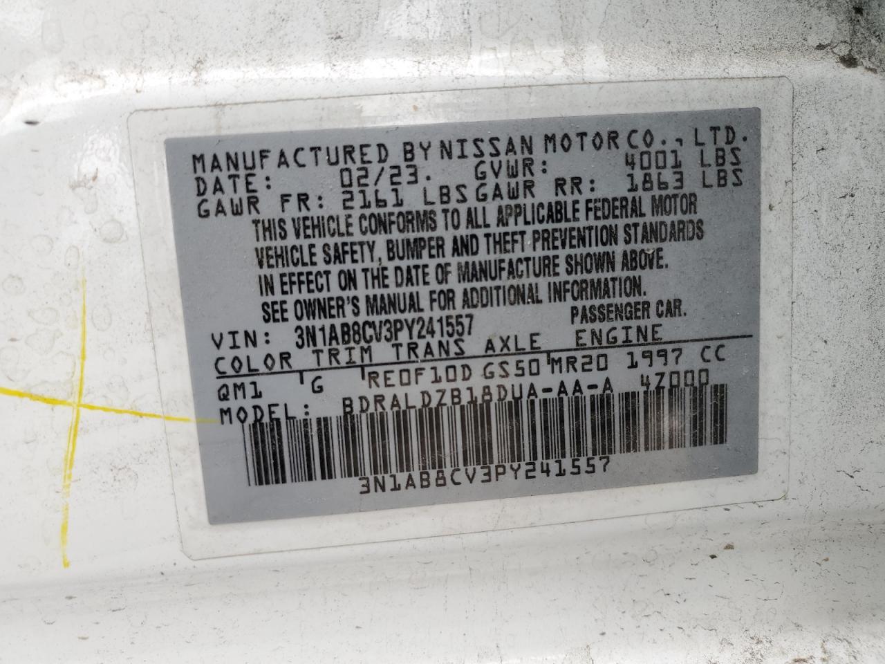 2023 NISSAN SENTRA SV VIN:3N1AB8CV3PY241557