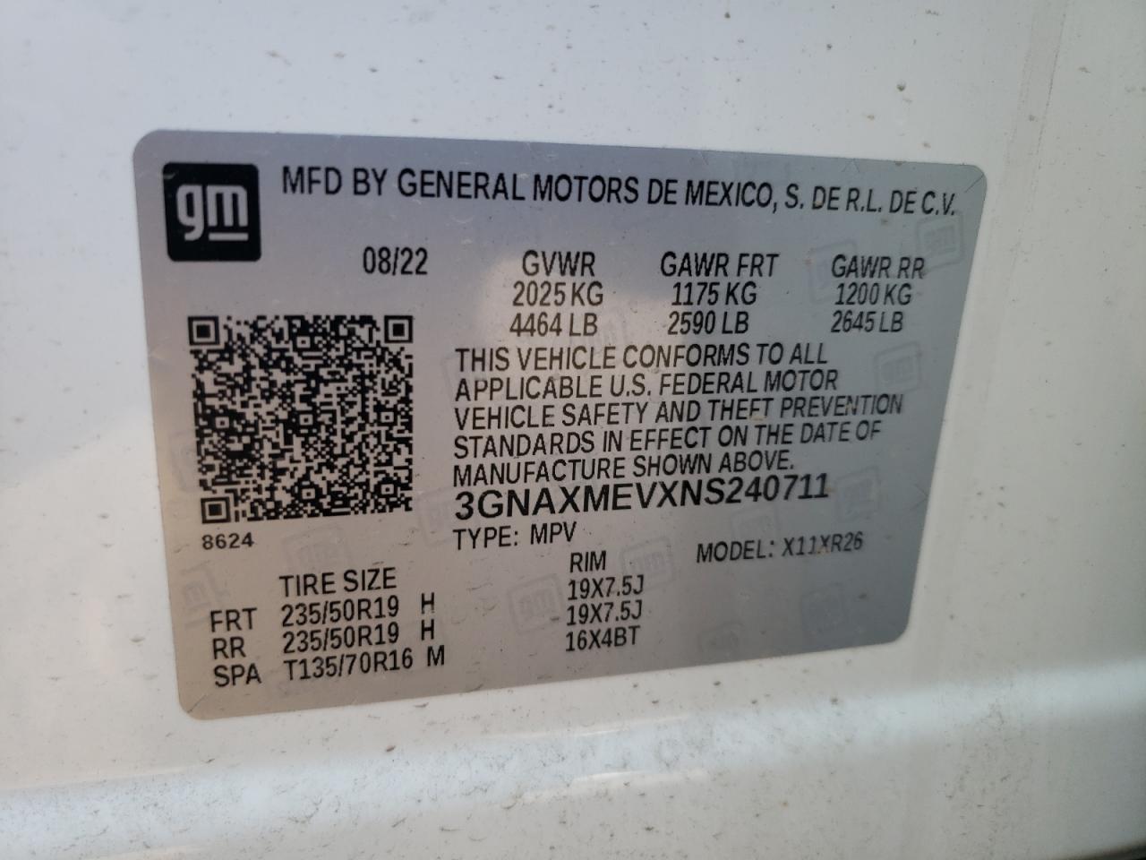 2022 CHEVROLET EQUINOX RS VIN:3GNAXMEVXNS240711