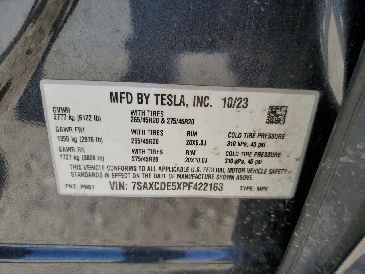 2023 TESLA MODEL X  VIN:7SAXCDE5XPF422163