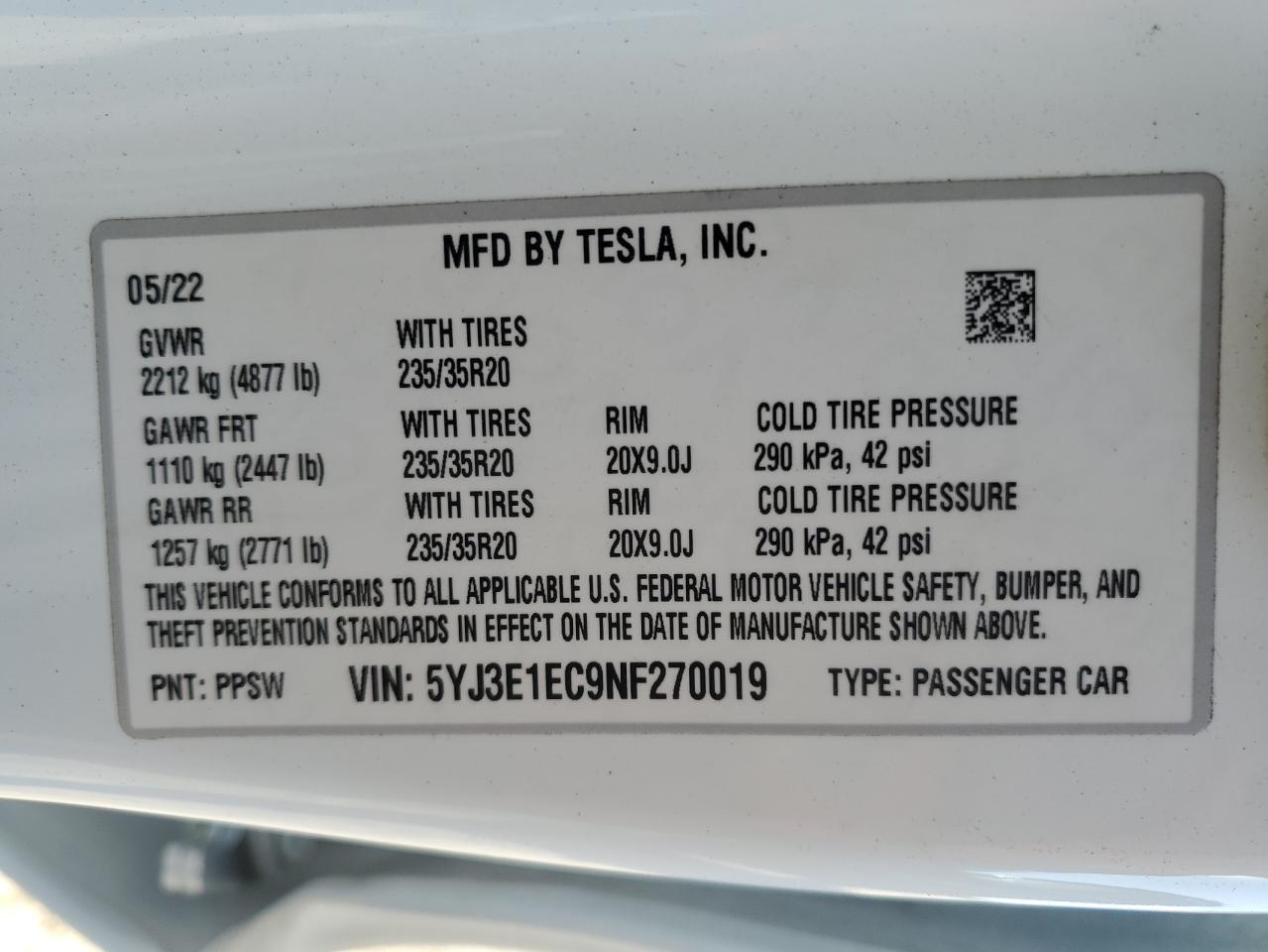 2022 TESLA MODEL 3  VIN:5YJ3E1EC9NF270019