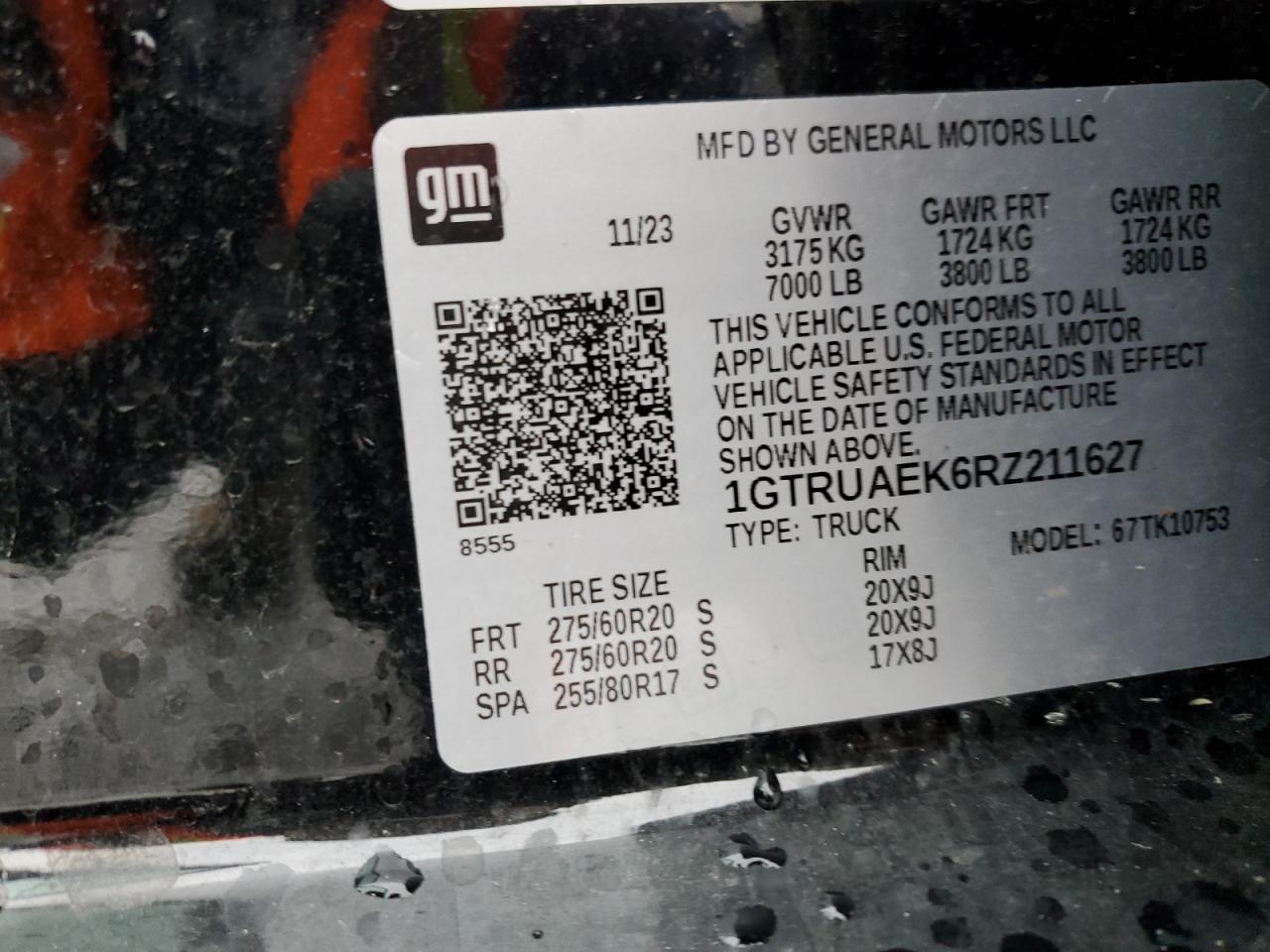 2024 GMC SIERRA K1500 VIN:1GTRUAEK6RZ211627