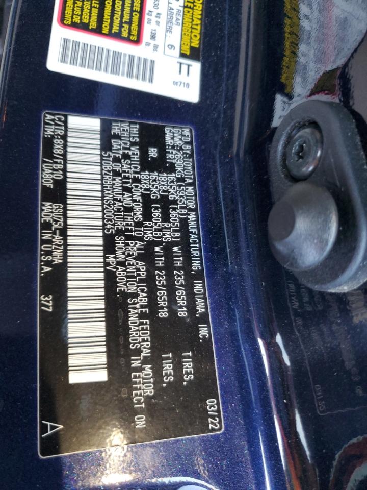 2022 TOYOTA HIGHLANDER L VIN:5TDBZRBHXNS200345