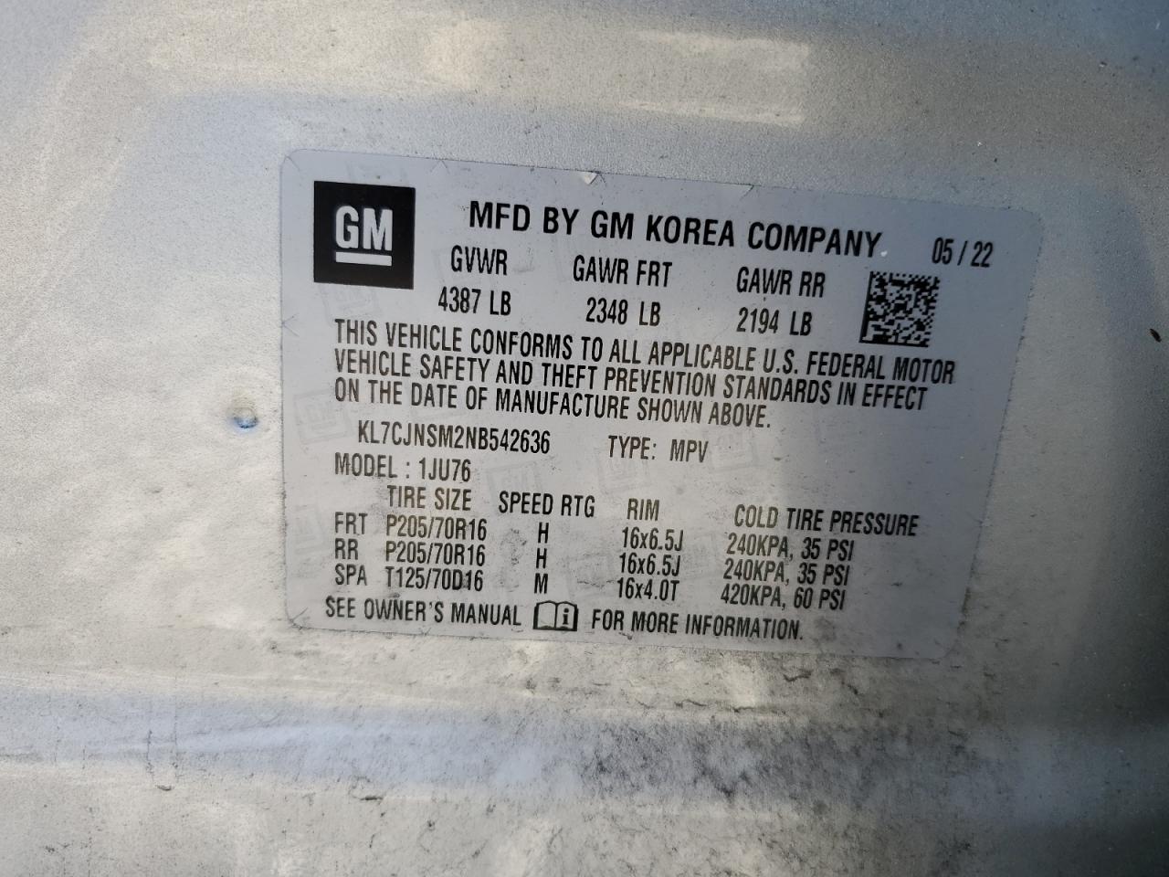 2022 CHEVROLET TRAX LS VIN:KL7CJNSM2NB542636