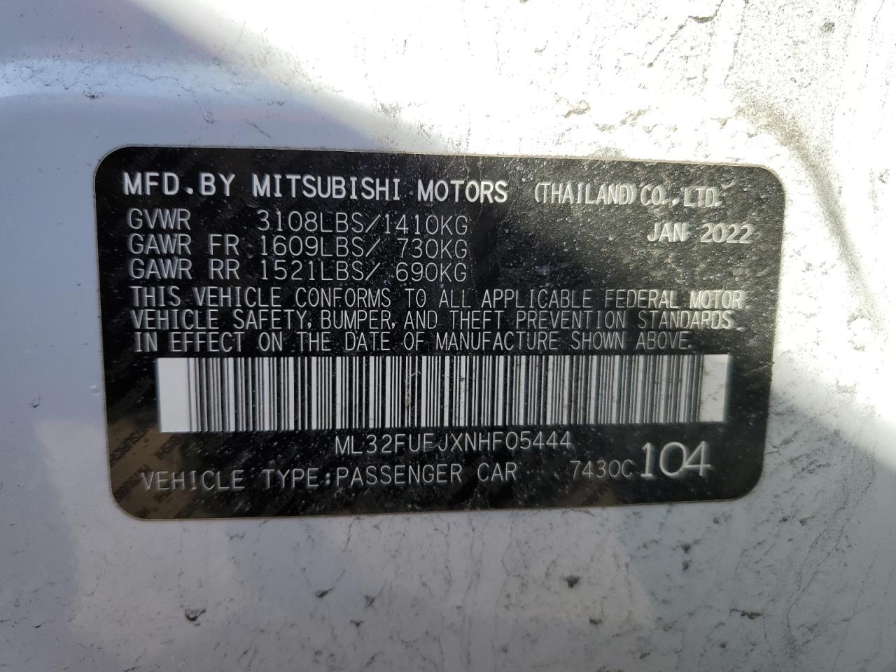 2022 MITSUBISHI MIRAGE G4 ES VIN:ML32FUFJXNHF05444