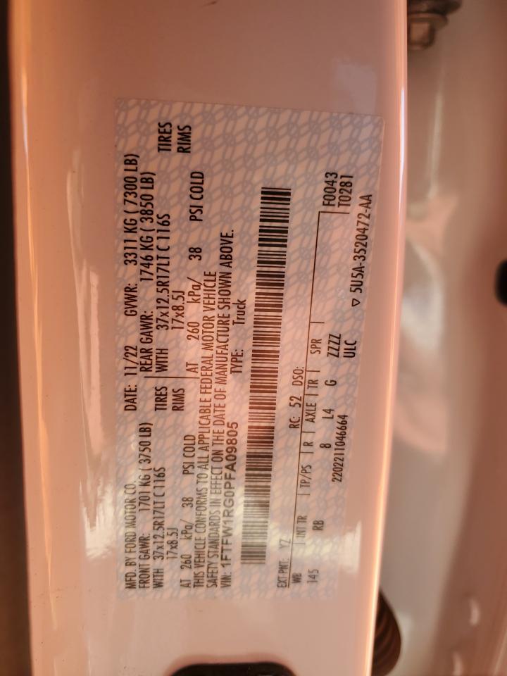 2023 FORD F150 RAPTOR VIN:1FTFW1RG0PFA09805