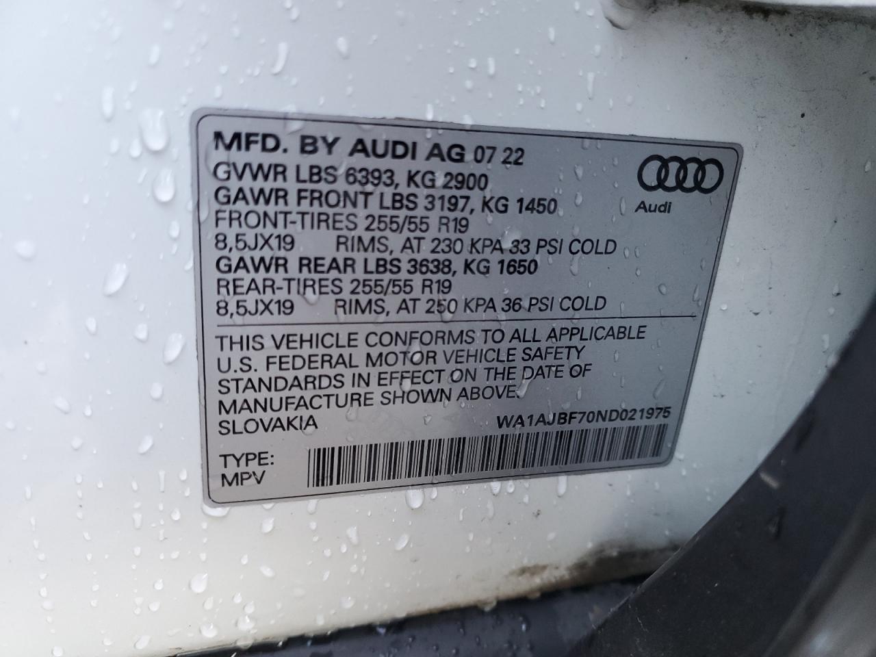 2022 AUDI Q7 PREMIUM VIN:WA1AJBF70ND021975