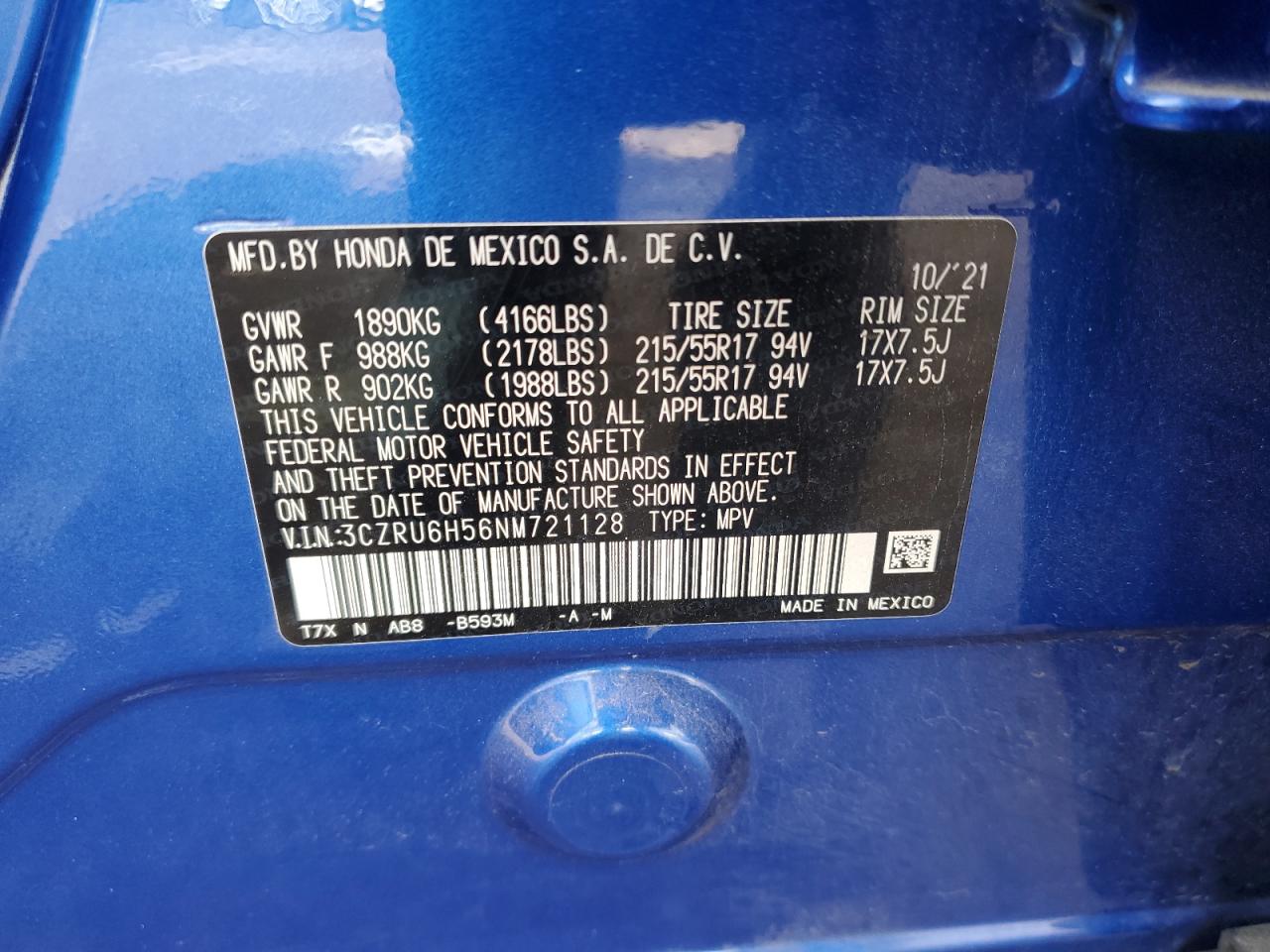 2022 HONDA HR-V EX VIN:3CZRU6H56NM721128