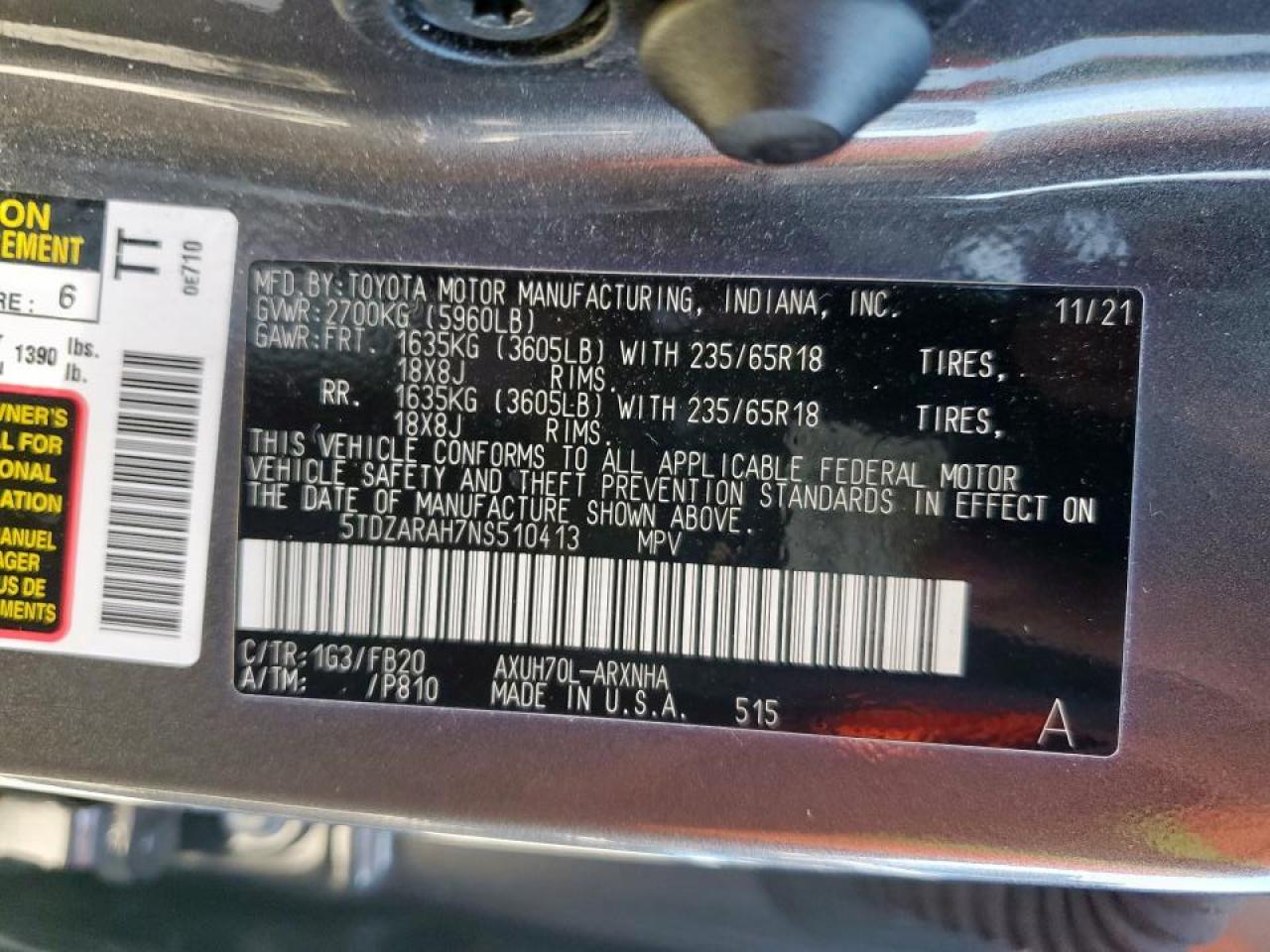 2022 TOYOTA HIGHLANDER HYBRID LE VIN:5TDZARAH7NS510413