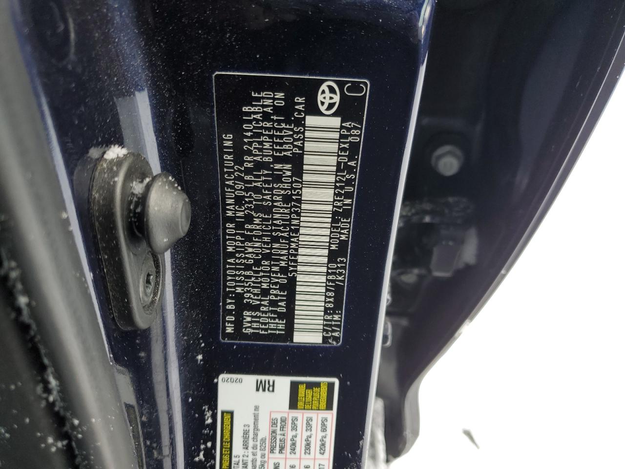 2022 TOYOTA COROLLA LE VIN:5YFEPMAE1NP371507