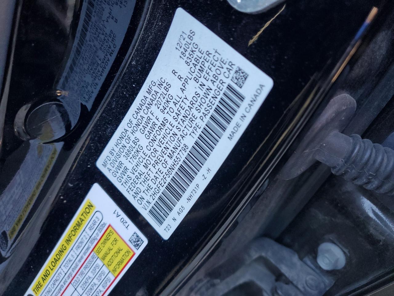 2022 HONDA CIVIC SPORT VIN:2HGFE2F56NH557798