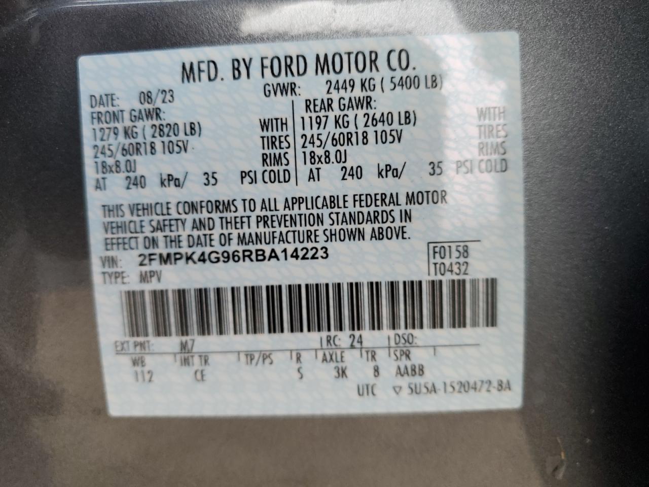 2024 FORD EDGE SE VIN:2FMPK4G96RBA14223