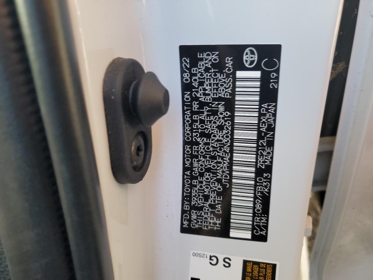 2022 TOYOTA COROLLA LE VIN:JTDVPMAE4N3032619