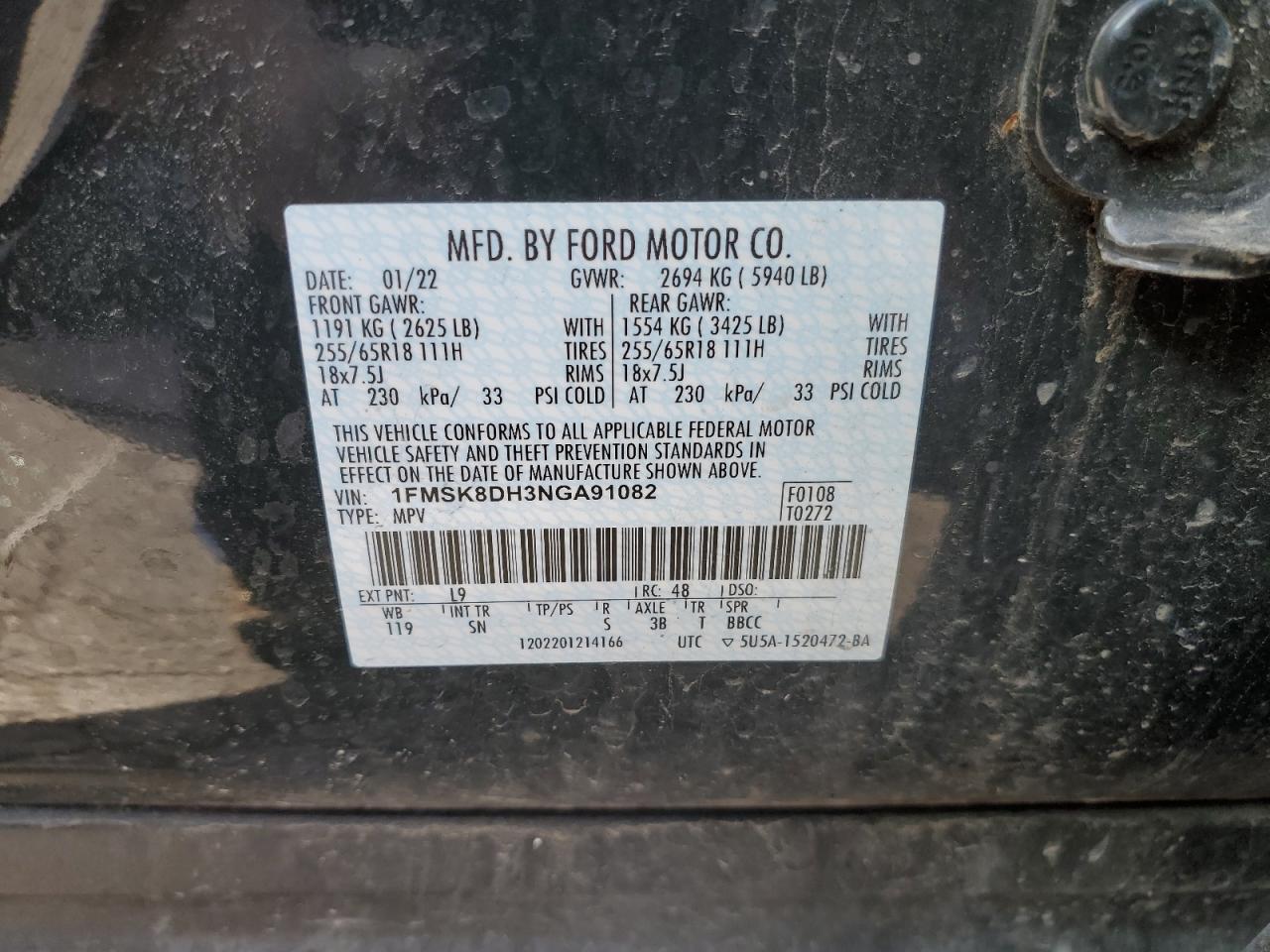 2022 FORD EXPLORER XLT VIN:1FMSK8DH3NGA91082