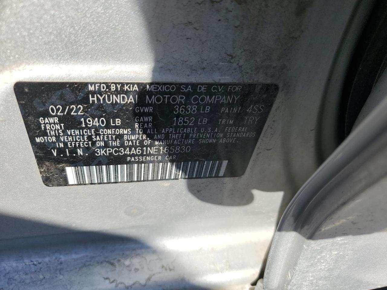 2022 HYUNDAI ACCENT LIMITED VIN:3KPC34A61NE165830