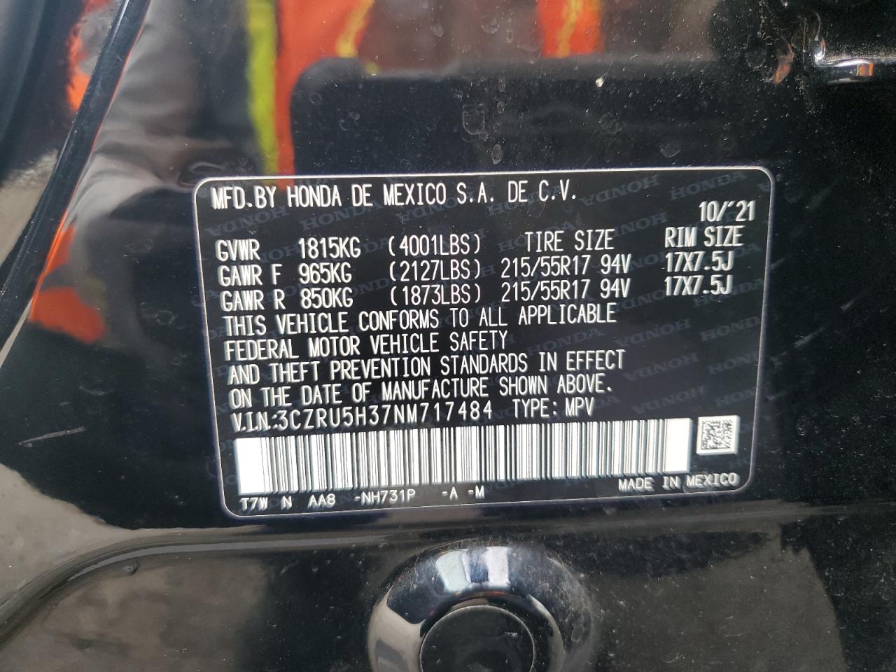 2022 HONDA HR-V LX VIN:3CZRU5H37NM717484