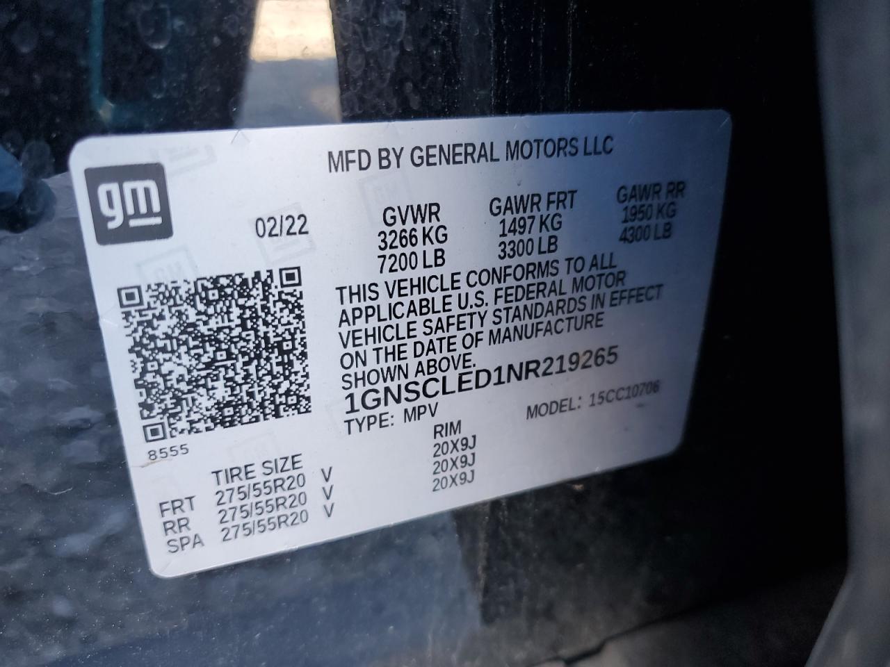 2022 CHEVROLET TAHOE C1500 VIN:1GNSCLED1NR219265