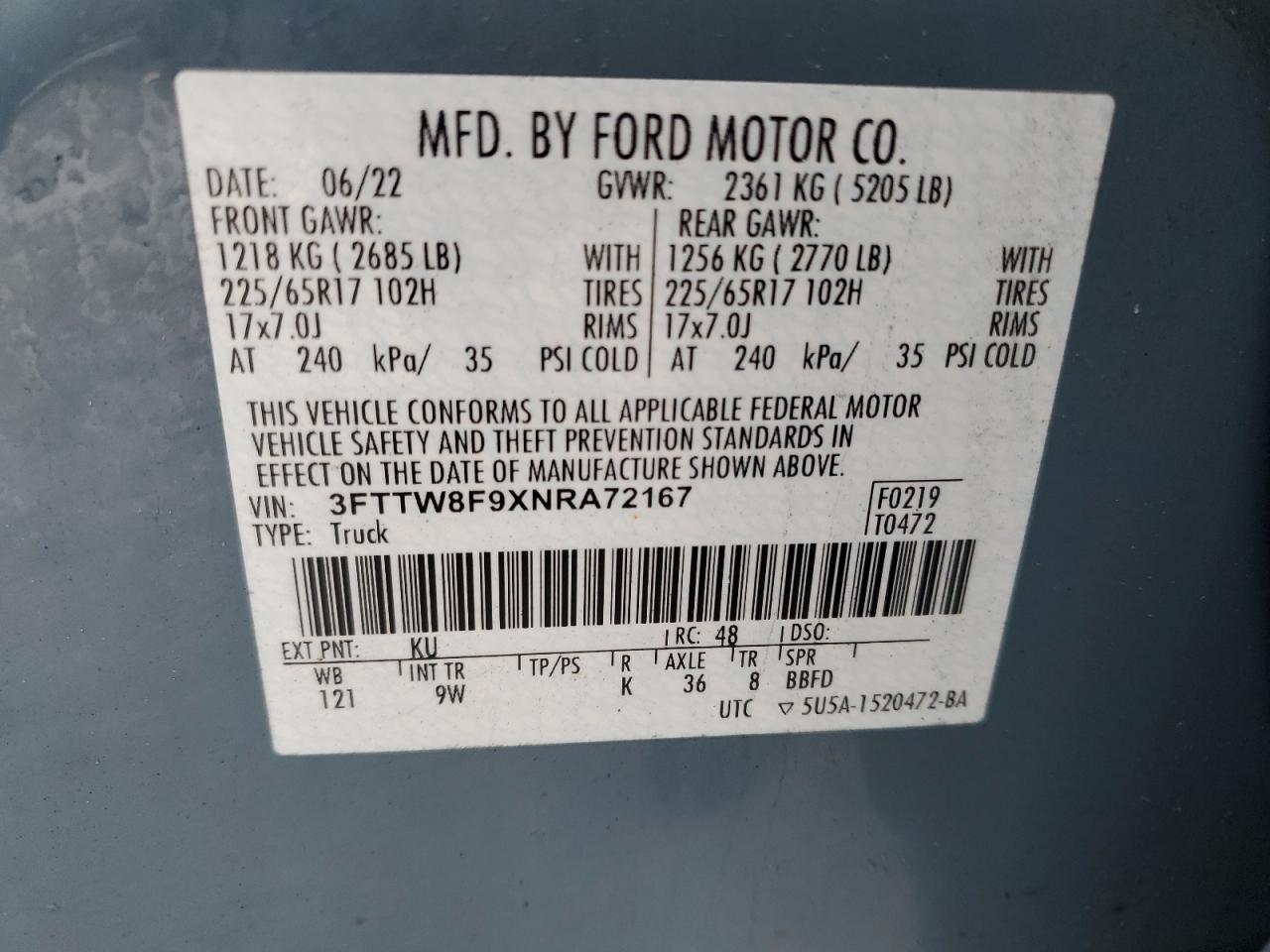 2022 FORD MAVERICK XL VIN:3FTTW8F9XNRA72167