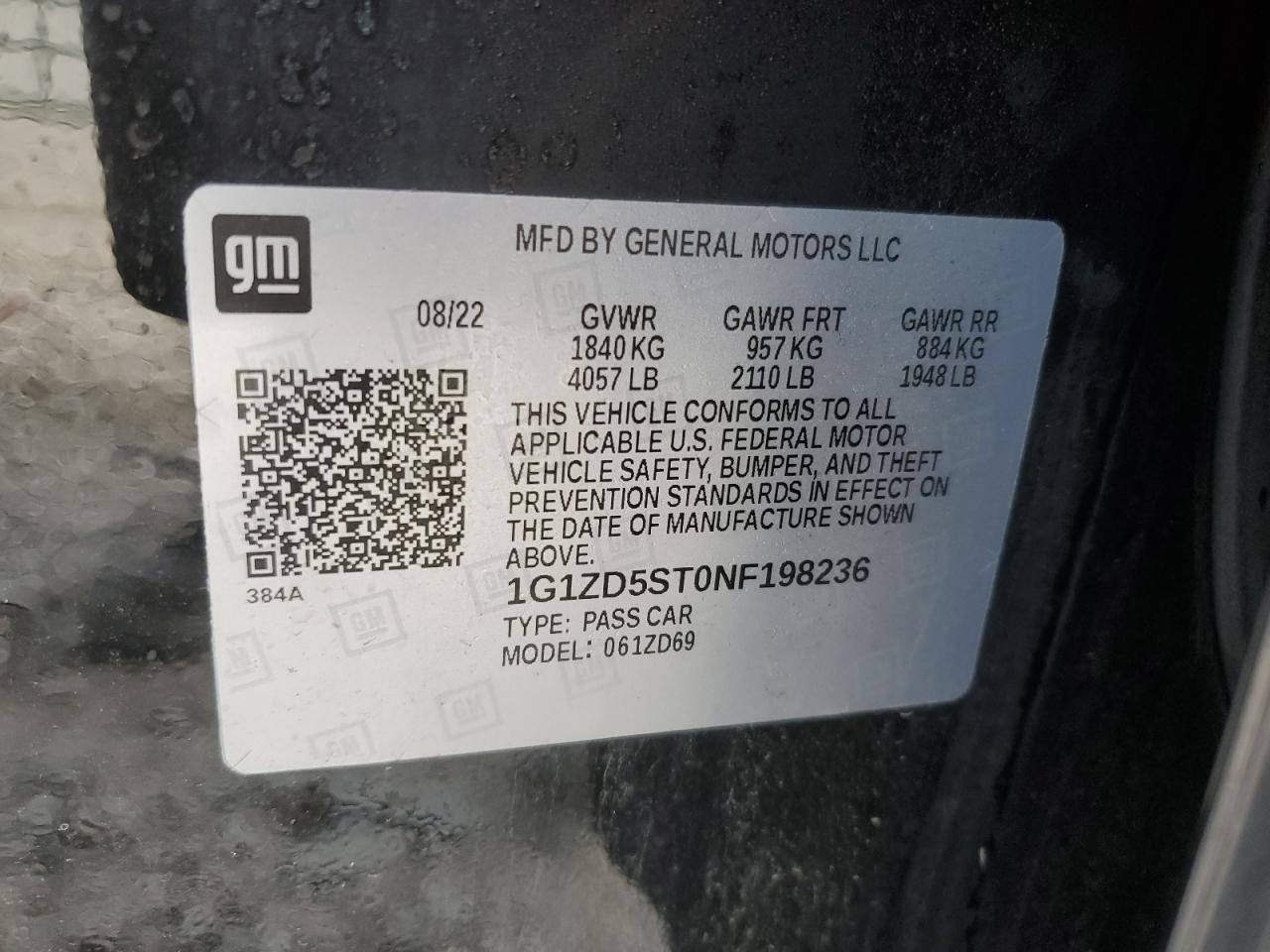 2022 CHEVROLET MALIBU LT VIN:1G1ZD5ST0NF198236