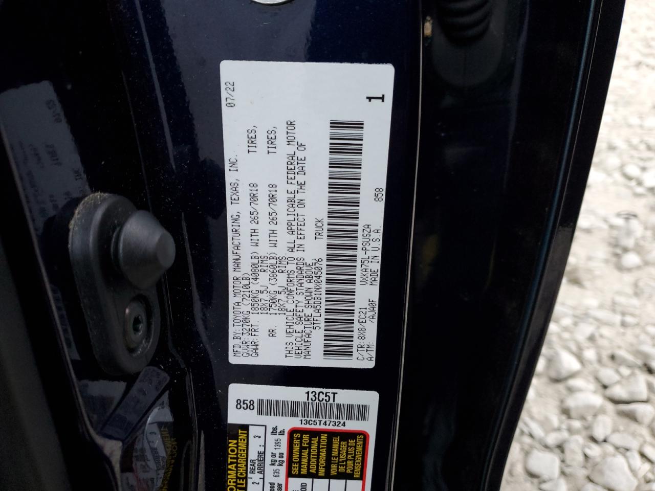2022 TOYOTA TUNDRA CREWMAX SR VIN:5TFLA5DB1NX045076