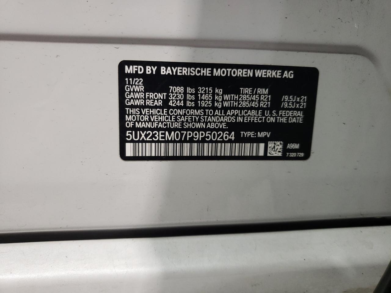 2023 BMW X7 XDRIVE40I VIN:5UX23EM07P9P50264