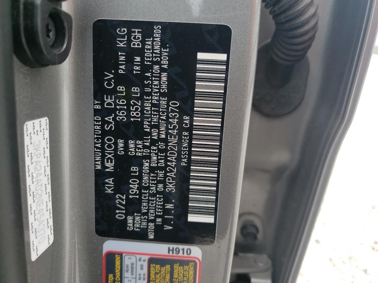 2022 KIA RIO LX VIN:3KPA24AD2NE454370