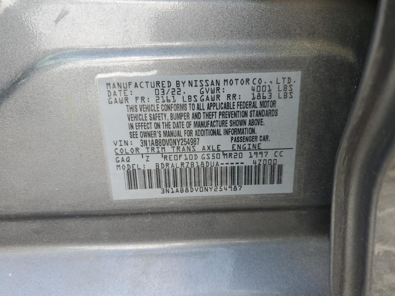 2022 NISSAN SENTRA SR VIN:3N1AB8DV0NY254987