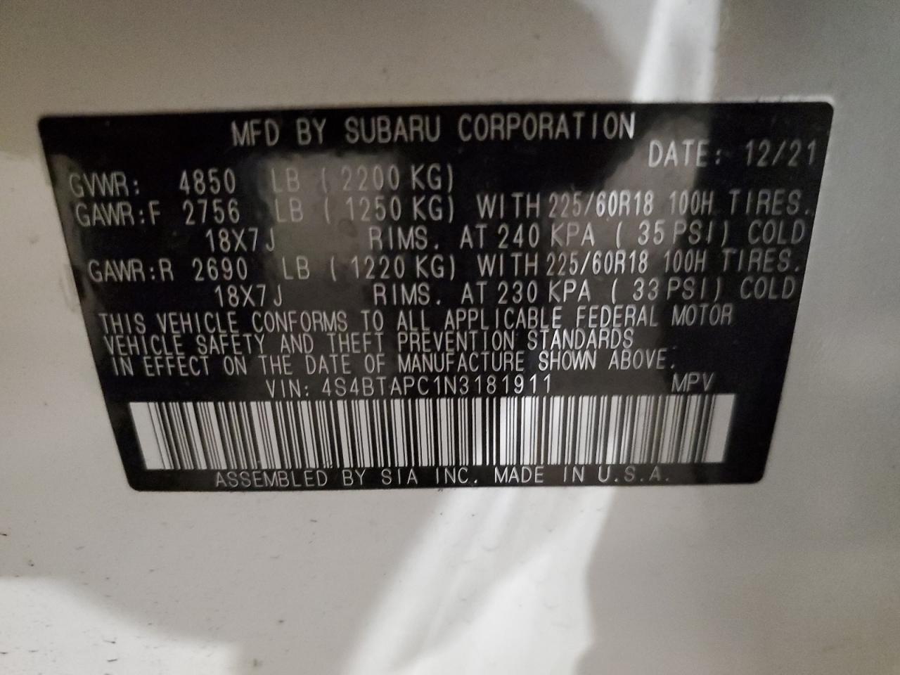 2022 SUBARU OUTBACK TOURING VIN:4S4BTAPC1N3181911