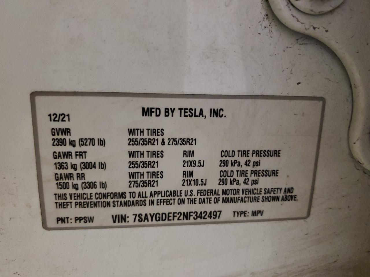 2022 TESLA MODEL Y  VIN:7SAYGDEF2NF342497