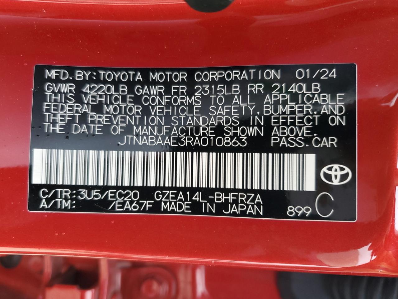 2024 TOYOTA GR COROLLA CORE VIN:JTNABAAE3RA010863