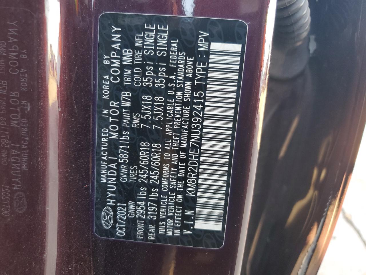 2022 HYUNDAI PALISADE SEL VIN:KM8R2DHE7NU392415