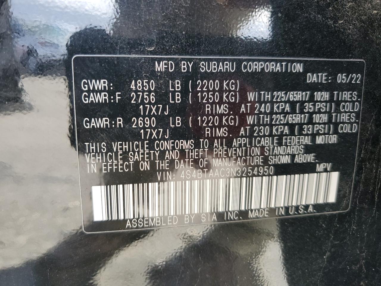 2022 SUBARU OUTBACK  VIN:4S4BTAAC3N3254950