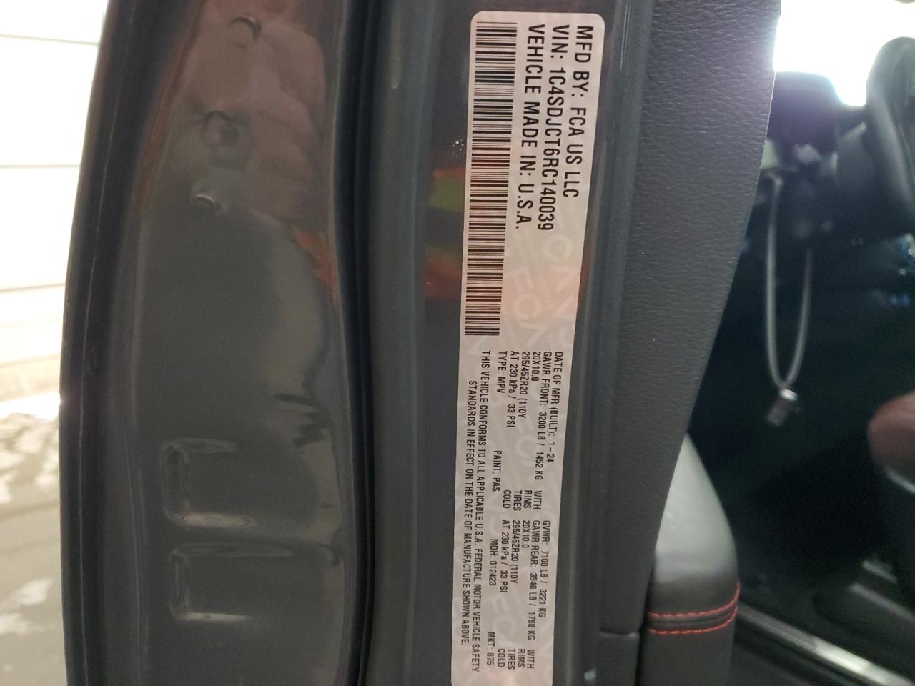 2024 DODGE DURANGO R/T VIN:1C4SDJCT6RC140039