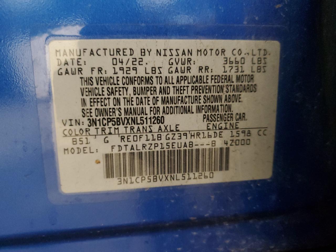 2022 NISSAN KICKS S VIN:3N1CP5BVXNL511260