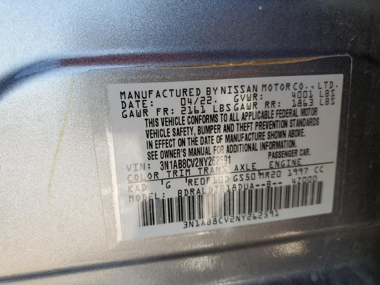 2022 NISSAN SENTRA SV VIN:3N1AB8CV2NY262591