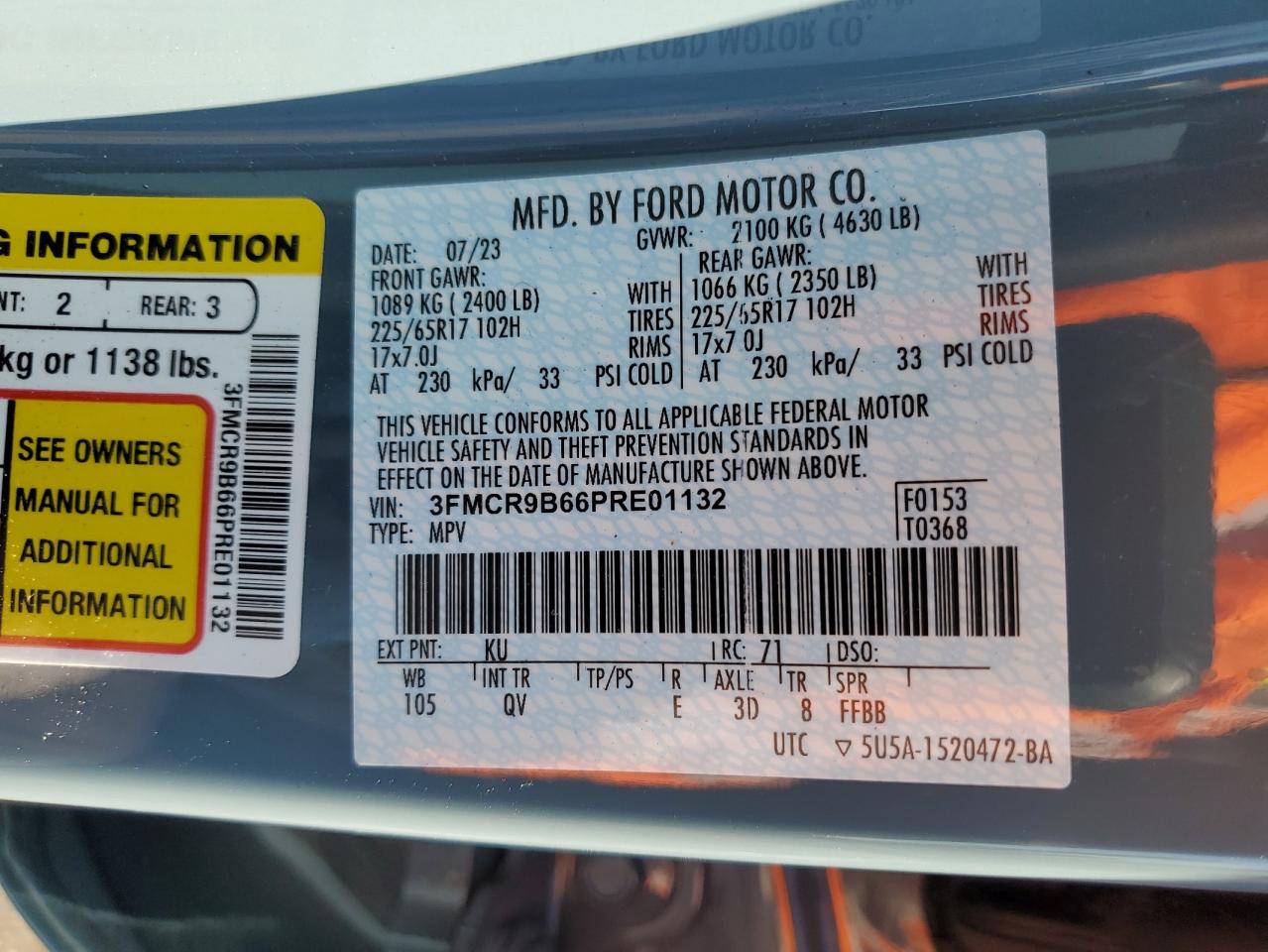 2023 FORD BRONCO SPORT BIG BEND VIN:3FMCR9B66PRE01132