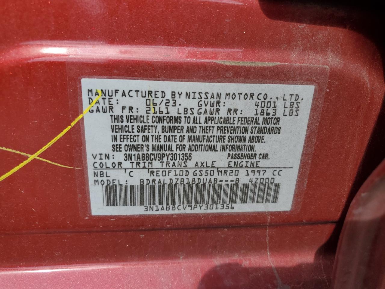 2023 NISSAN SENTRA SV VIN:3N1AB8CV9PY301356