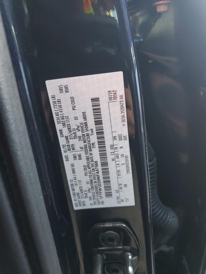 2022 FORD F150 SUPERCREW VIN:1FTFW1ED9NFA57568