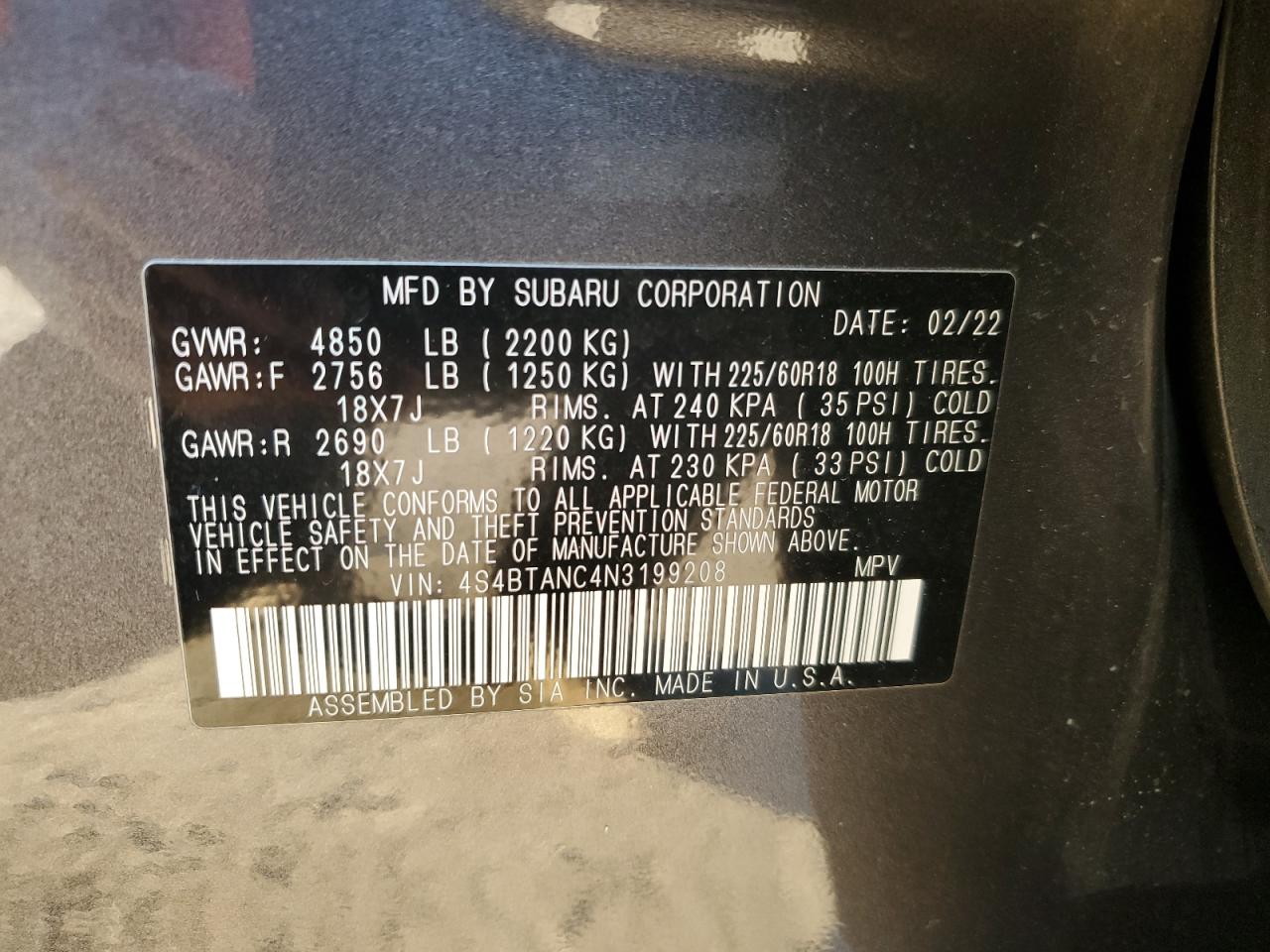 2022 SUBARU OUTBACK LIMITED VIN:4S4BTANC4N3199208