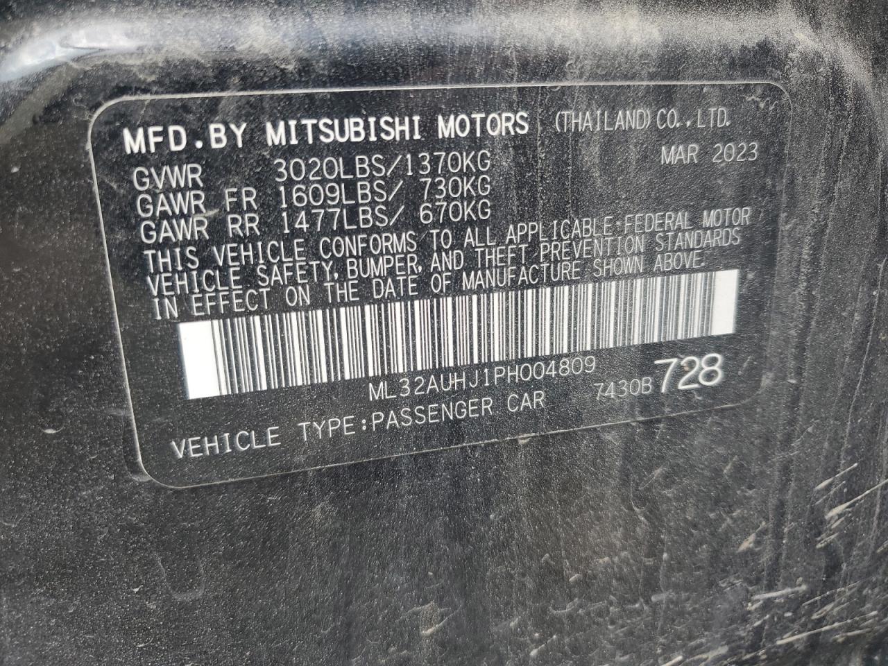 2023 MITSUBISHI MIRAGE ES VIN:ML32AUHJ1PH004809