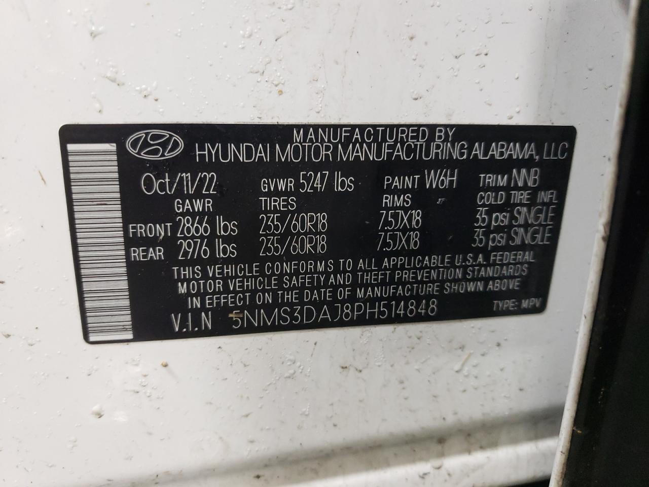 2023 HYUNDAI SANTA FE SEL PREMIUM VIN:5NMS3DAJ8PH514848