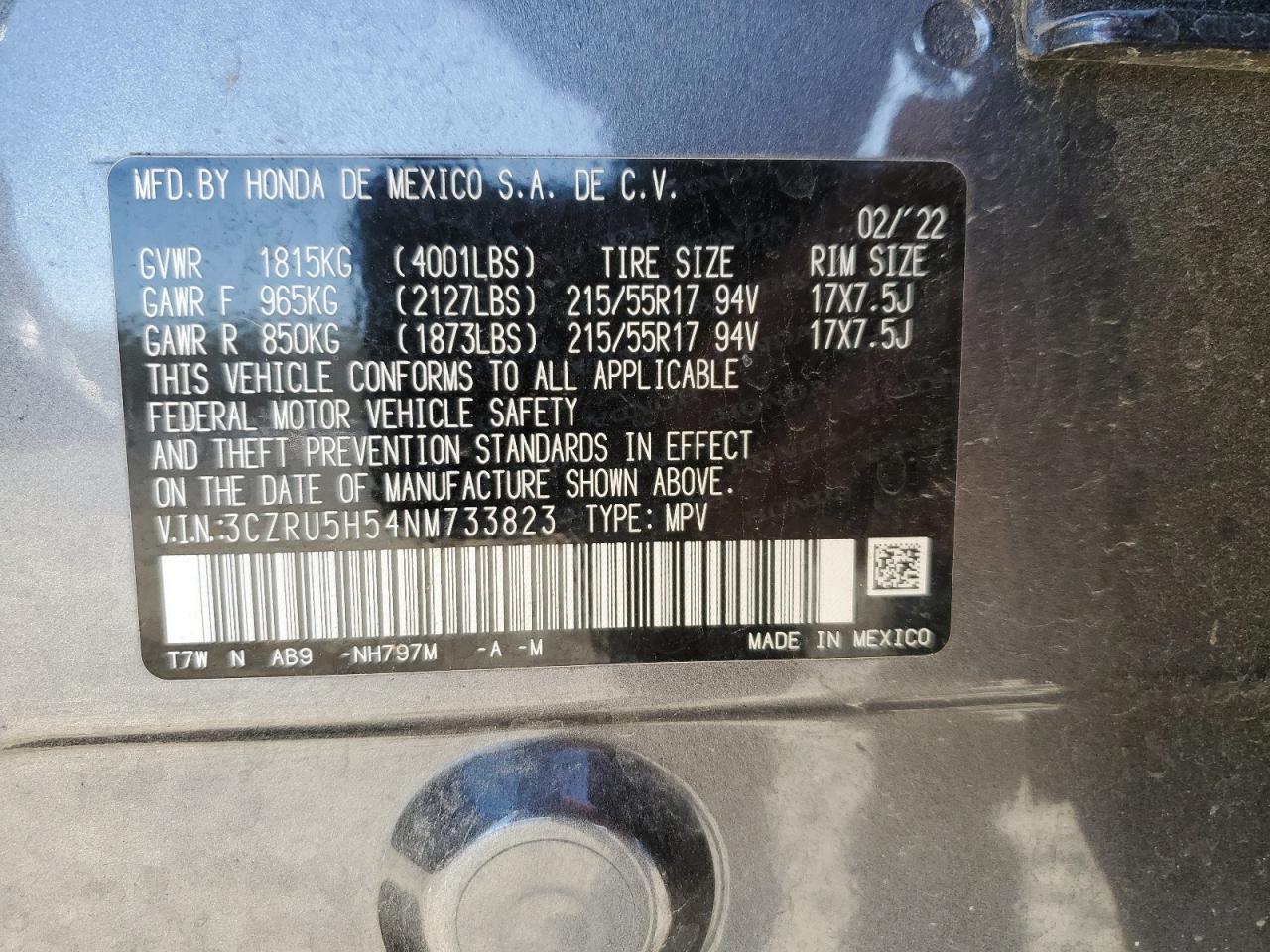 2022 HONDA HR-V EX VIN:3CZRU5H54NM733823