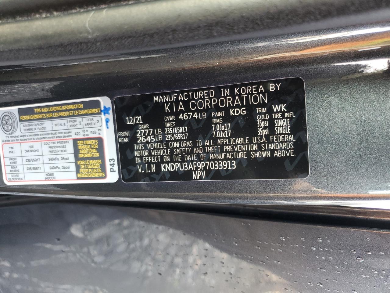 2023 KIA SPORTAGE LX VIN:KNDPU3AF9P7033913