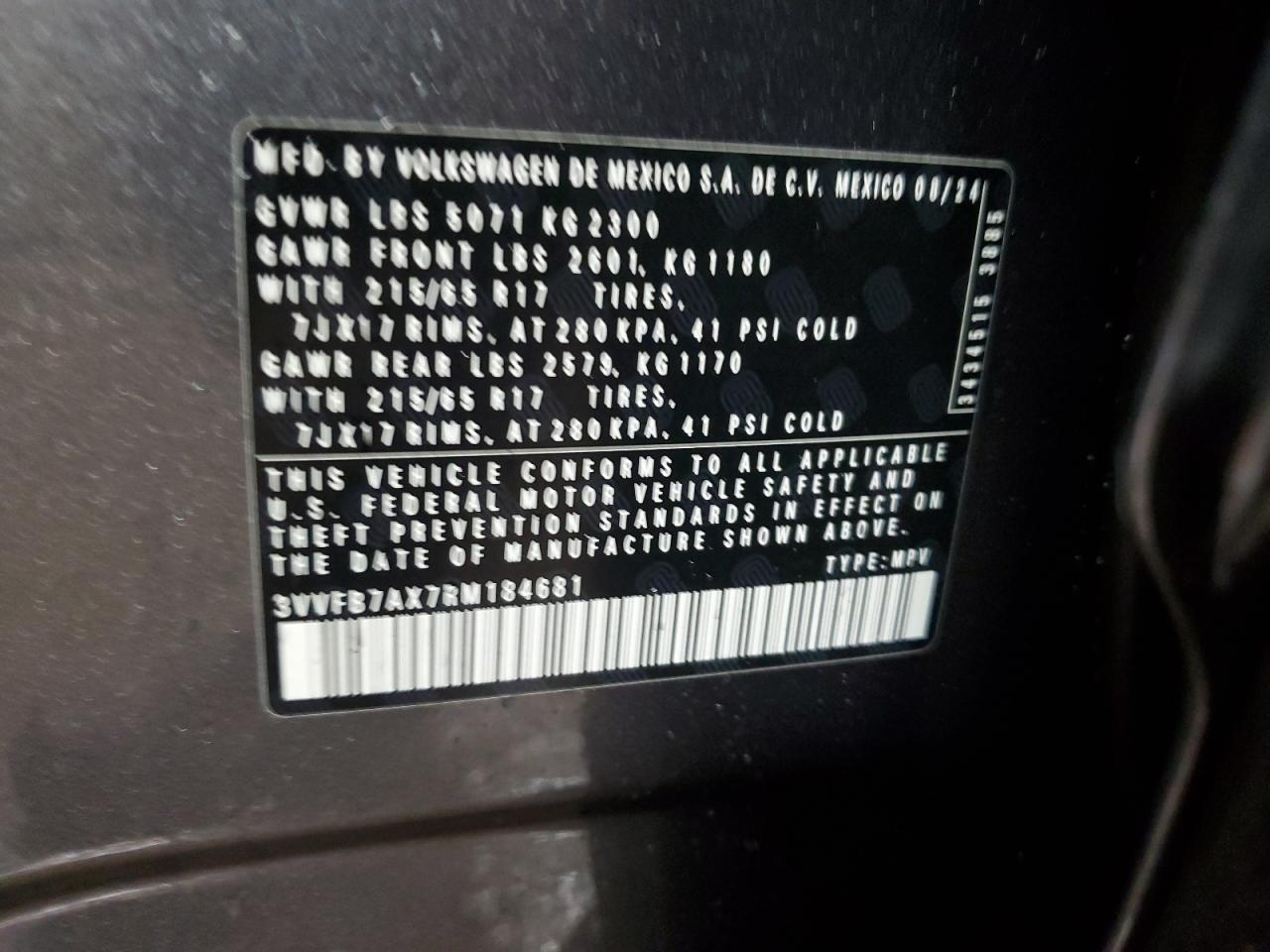 2024 VOLKSWAGEN TIGUAN S VIN:3VVFB7AX7RM184681